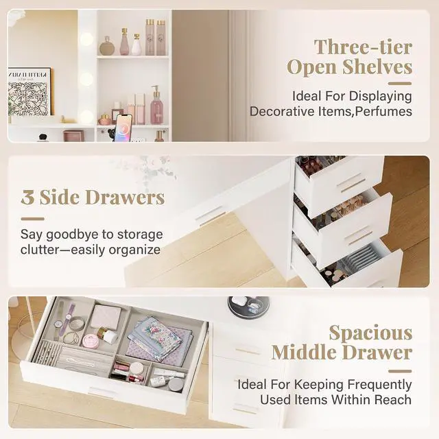 Alt view image 6 of 7 - 39" Vanity Desk with Mirror & Power Outlet, 10 Lights, Makeup Vanity Table with 4 Large Drawers and 3 Storage Shelves, 3 Model Adjustable Lights for Bedroom & Dressing Room (White)