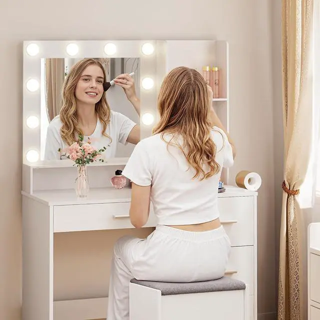 Alt view image 7 of 7 - 39" Vanity Desk with Mirror & Power Outlet, 10 Lights, Makeup Vanity Table with 4 Large Drawers and 3 Storage Shelves, 3 Model Adjustable Lights for Bedroom & Dressing Room (White)
