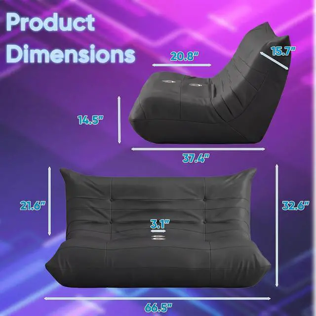 Alt view image 2 of 7 - Floor Gaming Chair Boneless Loveseat Couch, Ergonomic Floor Sofa Couch with Cup Holders, Leather Lazy Floor Lounger for Gaming, Reading, Relaxing, Watching TV (Black)