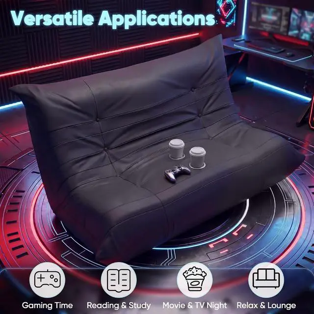 Alt view image 3 of 7 - Floor Gaming Chair Boneless Loveseat Couch, Ergonomic Floor Sofa Couch with Cup Holders, Leather Lazy Floor Lounger for Gaming, Reading, Relaxing, Watching TV (Black)