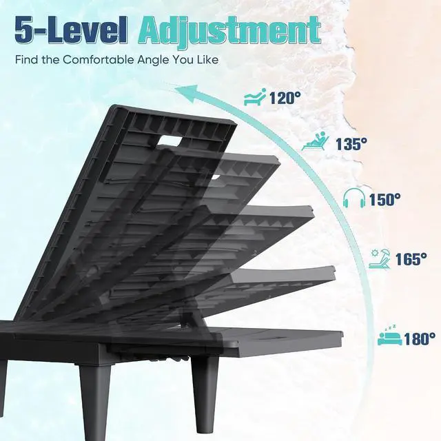 Alt view image 4 of 7 - Outdoor Chaise Lounge Chair Set of 2 with 5-Position Adjustable Back, Waterproof & Lightweight PP Lounge Chairs for Outside Pool Patio (Black)