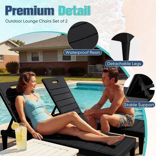 Alt view image 3 of 7 - Outdoor Chaise Lounge Chair Set of 2 with 5-Position Adjustable Back, Waterproof & Lightweight PP Lounge Chairs for Outside Pool Patio (Black)