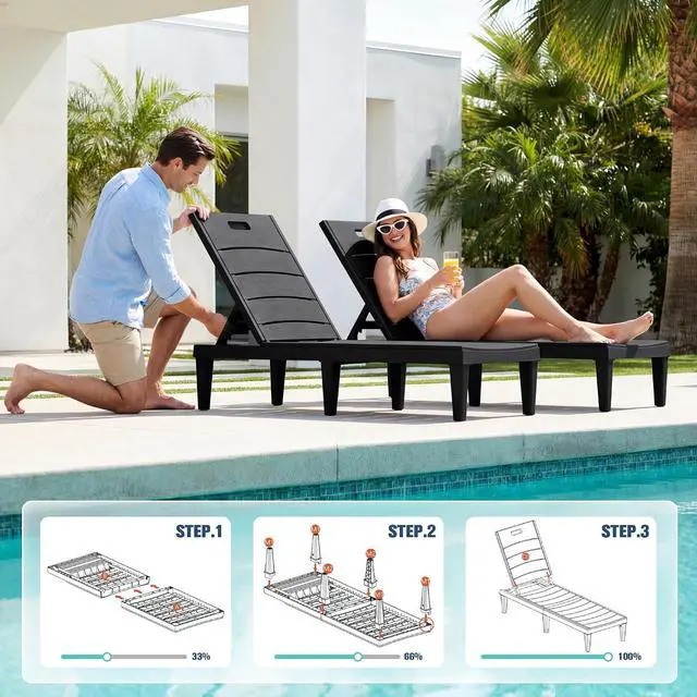 Alt view image 6 of 7 - Outdoor Chaise Lounge Chair Set of 2 with 5-Position Adjustable Back, Waterproof & Lightweight PP Lounge Chairs for Outside Pool Patio (Black)