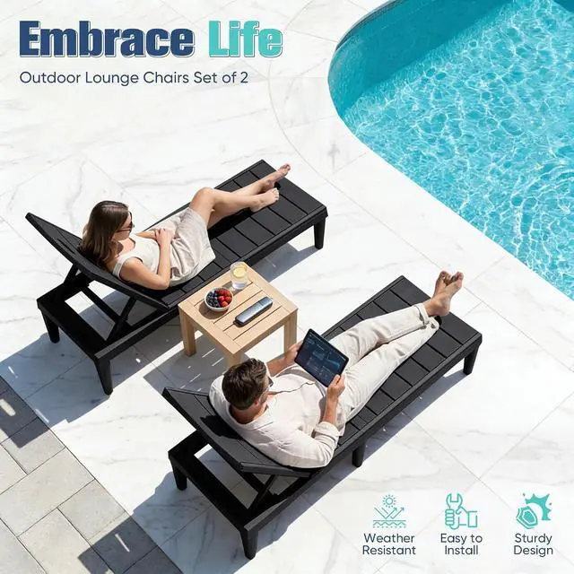Alt view image 5 of 7 - Outdoor Chaise Lounge Chair Set of 2 with 5-Position Adjustable Back, Waterproof & Lightweight PP Lounge Chairs for Outside Pool Patio (Black)