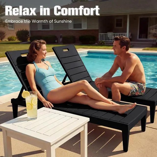 Alt view image 7 of 7 - Outdoor Chaise Lounge Chair Set of 2 with 5-Position Adjustable Back, Waterproof & Lightweight PP Lounge Chairs for Outside Pool Patio (Black)