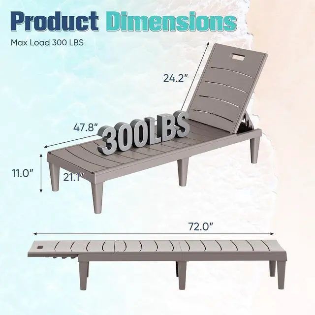 Alt view image 3 of 7 - Outdoor Chaise Lounge Chair Set of 2 with 5-Position Adjustable Back, Waterproof & Lightweight PP Lounge Chairs for Outside Pool Patio (Light Brown)