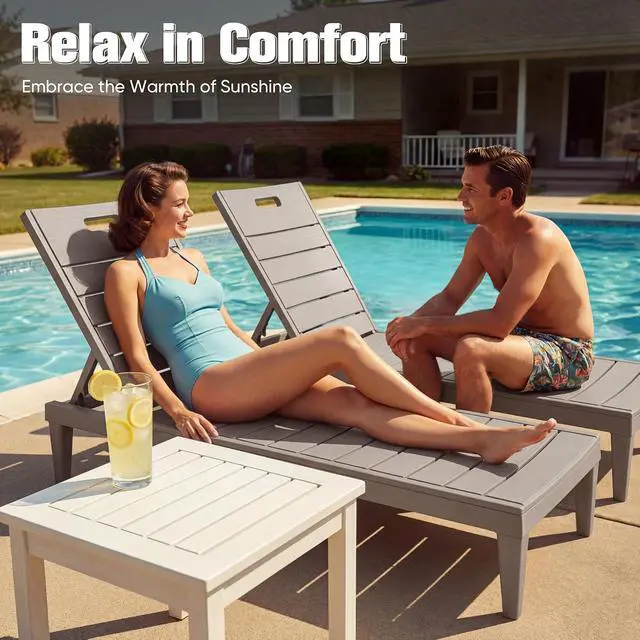 Alt view image 2 of 7 - Outdoor Chaise Lounge Chair Set of 2 with 5-Position Adjustable Back, Waterproof & Lightweight PP Lounge Chairs for Outside Pool Patio (Light Brown)