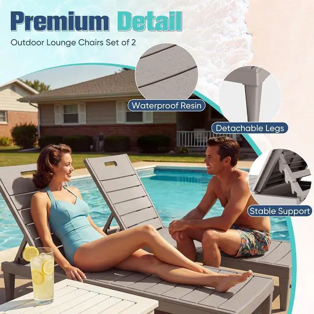 Alt view image 4 of 7 - Outdoor Chaise Lounge Chair Set of 2 with 5-Position Adjustable Back, Waterproof & Lightweight PP Lounge Chairs for Outside Pool Patio (Light Brown)