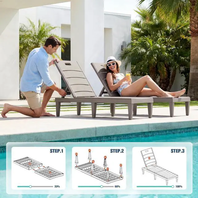 Alt view image 5 of 7 - Outdoor Chaise Lounge Chair Set of 2 with 5-Position Adjustable Back, Waterproof & Lightweight PP Lounge Chairs for Outside Pool Patio (Light Brown)