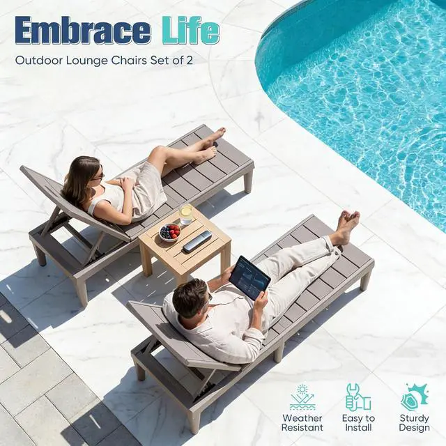 Alt view image 6 of 7 - Outdoor Chaise Lounge Chair Set of 2 with 5-Position Adjustable Back, Waterproof & Lightweight PP Lounge Chairs for Outside Pool Patio (Light Brown)