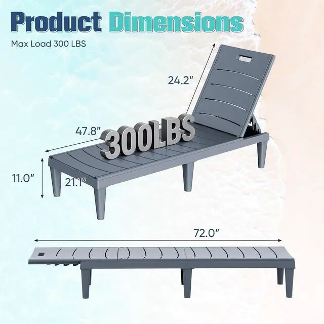 Alt view image 2 of 7 - Outdoor Chaise Lounge Chair Set of 2 with 5-Position Adjustable Back, Waterproof & Lightweight PP Lounge Chairs for Outside Pool Patio (Light Grey)