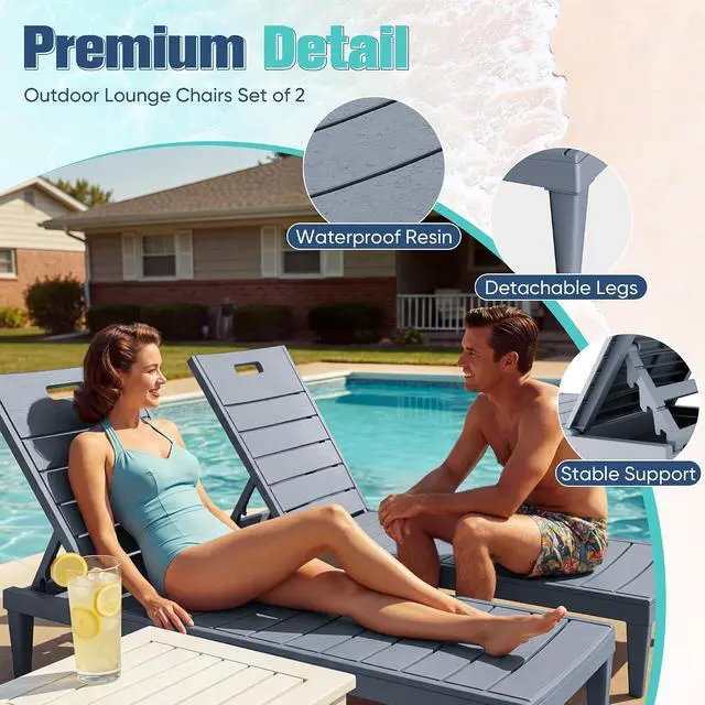 Alt view image 3 of 7 - Outdoor Chaise Lounge Chair Set of 2 with 5-Position Adjustable Back, Waterproof & Lightweight PP Lounge Chairs for Outside Pool Patio (Light Grey)
