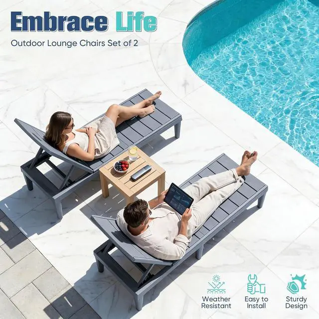 Alt view image 5 of 7 - Outdoor Chaise Lounge Chair Set of 2 with 5-Position Adjustable Back, Waterproof & Lightweight PP Lounge Chairs for Outside Pool Patio (Light Grey)