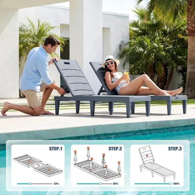 Alt view image 6 of 7 - Outdoor Chaise Lounge Chair Set of 2 with 5-Position Adjustable Back, Waterproof & Lightweight PP Lounge Chairs for Outside Pool Patio (Light Grey)