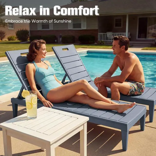 Alt view image 7 of 7 - Outdoor Chaise Lounge Chair Set of 2 with 5-Position Adjustable Back, Waterproof & Lightweight PP Lounge Chairs for Outside Pool Patio (Light Grey)
