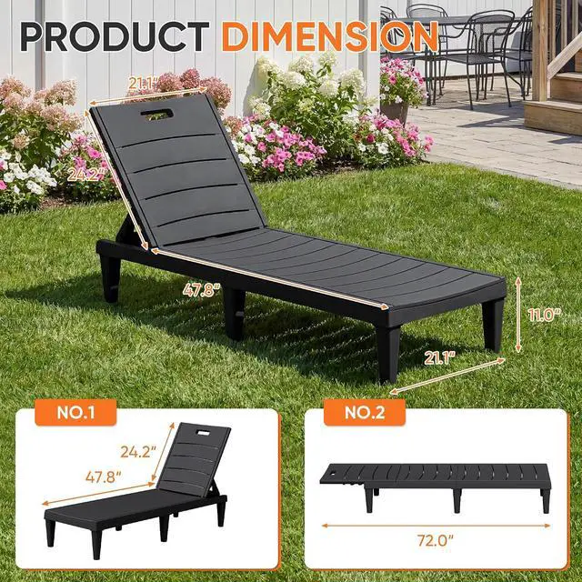 Alt view image 3 of 7 - Patio Chaise Lounge Chairs Set of 2, Outdoor Lightweight Lounge Chairs, 5 Position Adjustments Backrest for Outside Pool, Garden, Patio and Beach, Black