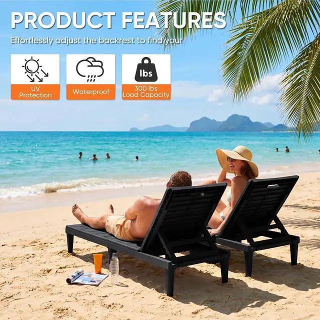 Alt view image 6 of 7 - Patio Chaise Lounge Chairs Set of 2, Outdoor Lightweight Lounge Chairs, 5 Position Adjustments Backrest for Outside Pool, Garden, Patio and Beach, Black