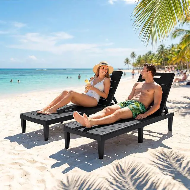 Alt view image 7 of 7 - Patio Chaise Lounge Chairs Set of 2, Outdoor Lightweight Lounge Chairs, 5 Position Adjustments Backrest for Outside Pool, Garden, Patio and Beach, Black