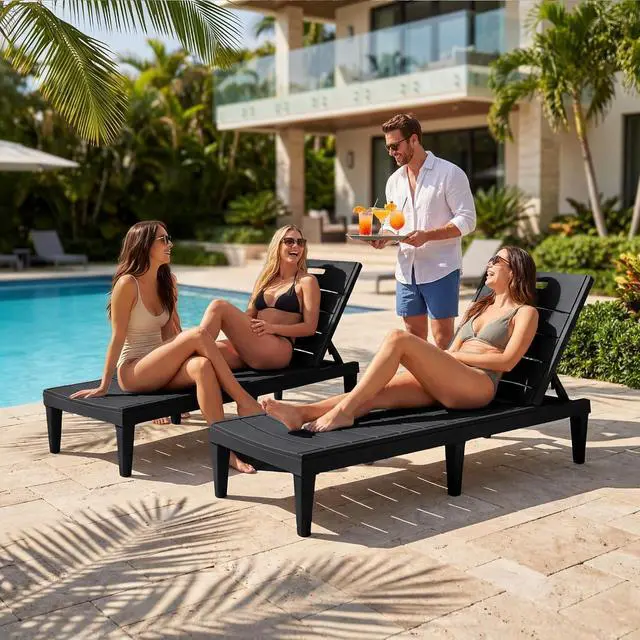 Alt view image 2 of 7 - Patio Chaise Lounge Chairs Set of 2, Outdoor Lightweight Lounge Chairs, 5 Position Adjustments Backrest for Outside Pool, Garden, Patio and Beach, Black