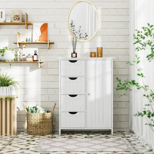 Alt view image 2 of 7 - Bathroom Storage Cabinet, Floor Cabinet with 4 Drawers and 1 Adjustable Shelf, Storage Oragnizer for Living Room, Kitchen, Bathroom (White)