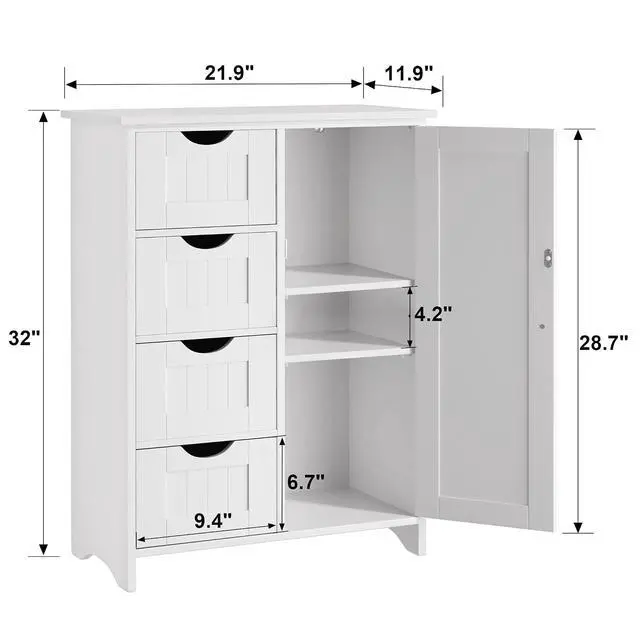 Alt view image 3 of 7 - Bathroom Storage Cabinet, Floor Cabinet with 4 Drawers and 1 Adjustable Shelf, Storage Oragnizer for Living Room, Kitchen, Bathroom (White)