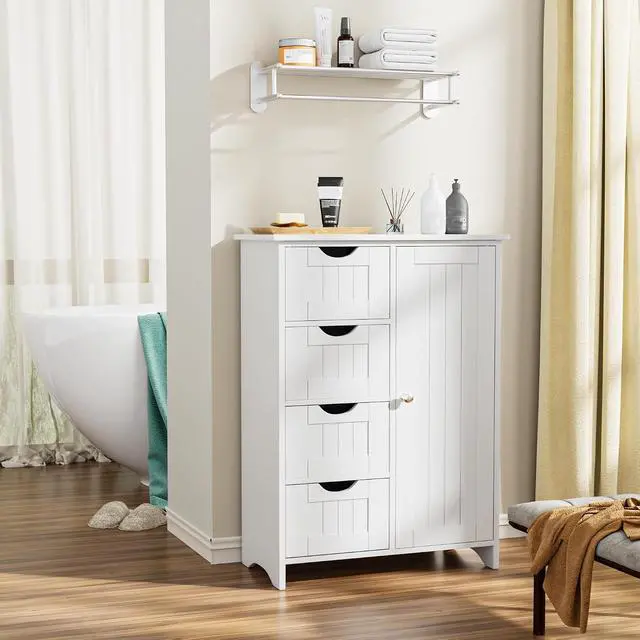 Alt view image 4 of 7 - Bathroom Storage Cabinet, Floor Cabinet with 4 Drawers and 1 Adjustable Shelf, Storage Oragnizer for Living Room, Kitchen, Bathroom (White)