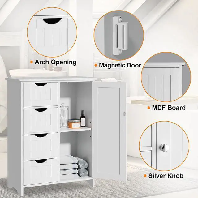 Alt view image 5 of 7 - Bathroom Storage Cabinet, Floor Cabinet with 4 Drawers and 1 Adjustable Shelf, Storage Oragnizer for Living Room, Kitchen, Bathroom (White)