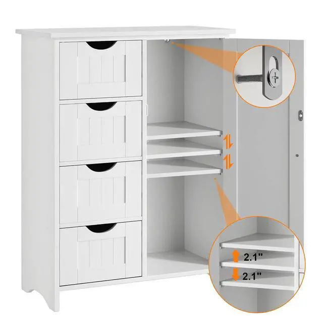 Alt view image 7 of 7 - Bathroom Storage Cabinet, Floor Cabinet with 4 Drawers and 1 Adjustable Shelf, Storage Oragnizer for Living Room, Kitchen, Bathroom (White)