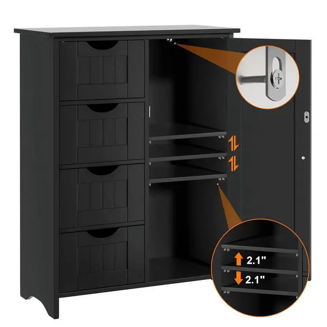Alt view image 7 of 7 - Bathroom Storage Cabinet, Floor Cabinet with 4 Drawers and 1 Adjustable Shelf, Storage Oragnizer for Living Room, Kitchen, Bathroom (Black)