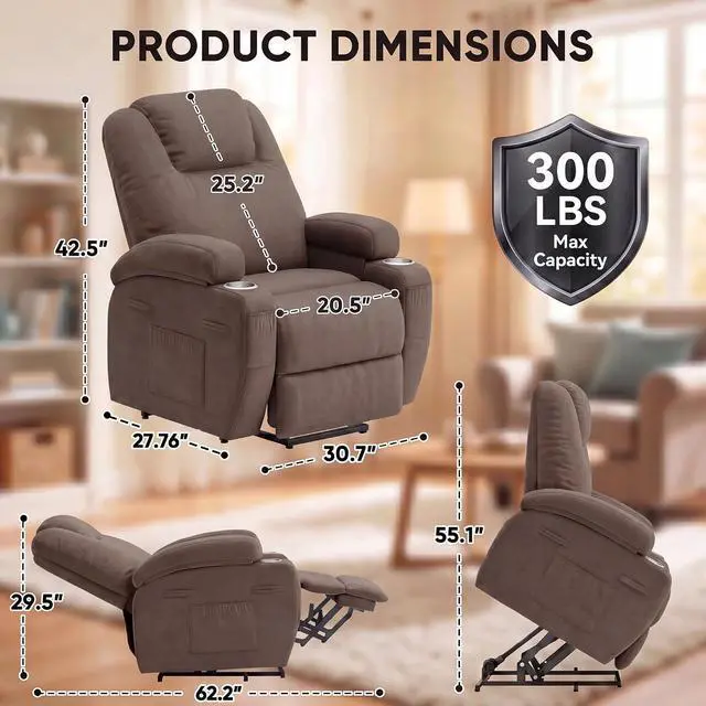 Alt view image 2 of 7 - Power Lift Chair Massage Recliner Chairs for Elderly - Ergonomic Design with Cup Holders & Side Pockets, Remote Control (Dark Brown)