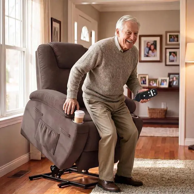 Alt view image 3 of 7 - Power Lift Chair Massage Recliner Chairs for Elderly - Ergonomic Design with Cup Holders & Side Pockets, Remote Control (Dark Brown)