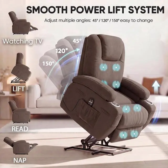Alt view image 4 of 7 - Power Lift Chair Massage Recliner Chairs for Elderly - Ergonomic Design with Cup Holders & Side Pockets, Remote Control (Dark Brown)