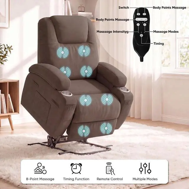 Alt view image 5 of 7 - Power Lift Chair Massage Recliner Chairs for Elderly - Ergonomic Design with Cup Holders & Side Pockets, Remote Control (Dark Brown)
