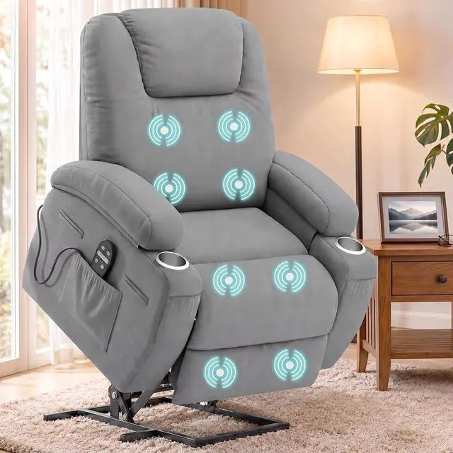 Main image of Power Lift Chair Massage Recliner Chairs for Elderly - Ergonomic Design with Cup Holders & Side Pockets, Remote Control (Gray)