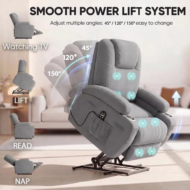Alt view image 4 of 7 - Power Lift Chair Massage Recliner Chairs for Elderly - Ergonomic Design with Cup Holders & Side Pockets, Remote Control (Gray)