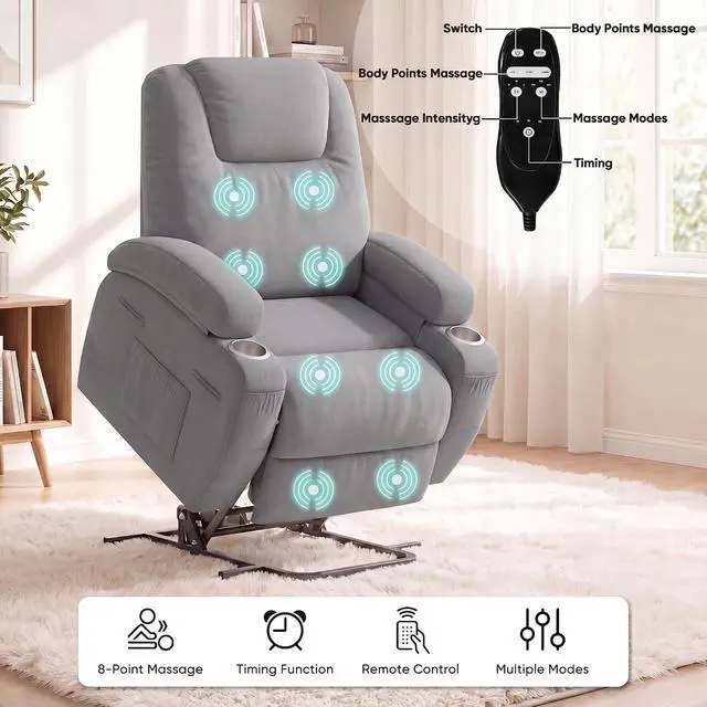 Alt view image 5 of 7 - Power Lift Chair Massage Recliner Chairs for Elderly - Ergonomic Design with Cup Holders & Side Pockets, Remote Control (Gray)