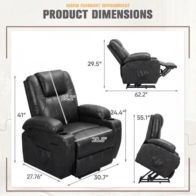 Alt view image 2 of 7 - Power Lift Recliner Chair Electric Lift Recliner for Elderly Power Lift Recliner Chair with Cup Holders Side Pockets for Living Room (Leathaire, Light Black)