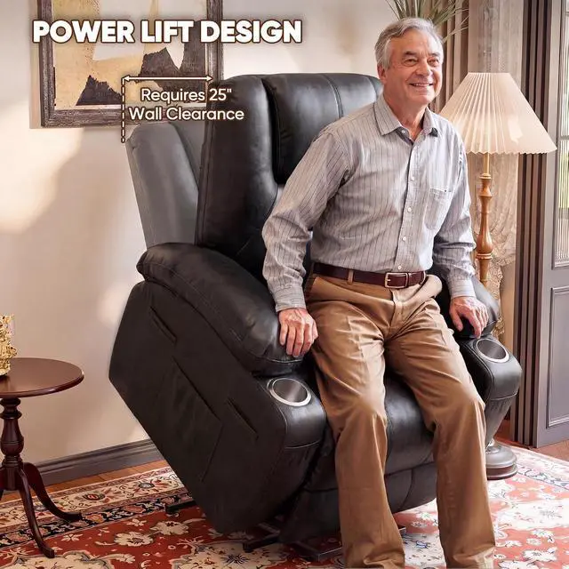 Alt view image 4 of 7 - Power Lift Recliner Chair Electric Lift Recliner for Elderly Power Lift Recliner Chair with Cup Holders Side Pockets for Living Room (Leathaire, Light Black)