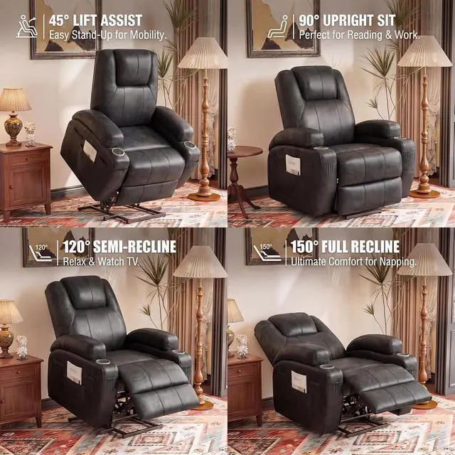 Alt view image 6 of 7 - Power Lift Recliner Chair Electric Lift Recliner for Elderly Power Lift Recliner Chair with Cup Holders Side Pockets for Living Room (Leathaire, Light Black)