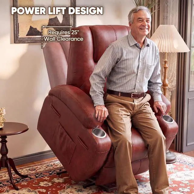 Alt view image 4 of 7 - Power Lift Recliner Chair Electric Lift Recliner for Elderly Power Lift Recliner Chair with Cup Holders Side Pockets for Living Room (Leathaire, Dark Brown)