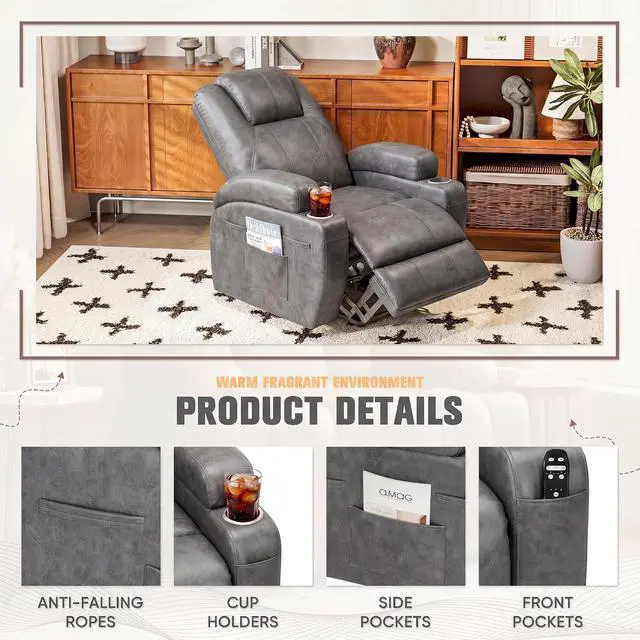 Alt view image 7 of 7 - Power Lift Recliner Chair Electric Lift Recliner for Elderly Power Lift Recliner Chair with Cup Holders Side Pockets for Living Room (Leathaire, Light Gray)
