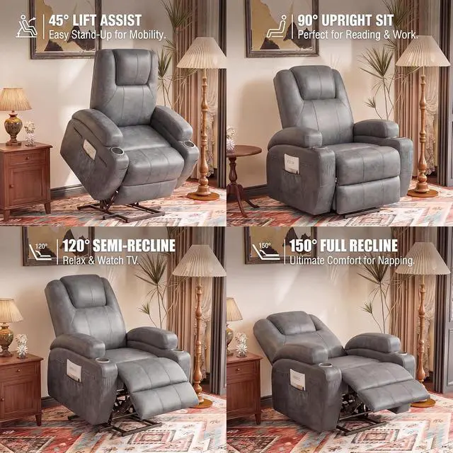 Alt view image 5 of 7 - Power Lift Recliner Chair Electric Lift Recliner for Elderly Power Lift Recliner Chair with Cup Holders Side Pockets for Living Room (Leathaire, Light Gray)