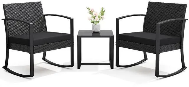 Main image of 3 Piece Patio Rocking Chair Set Outdoor Patio Furniture Set with Coffee Table and Cushions for Balcony Porch Bistro (Black)