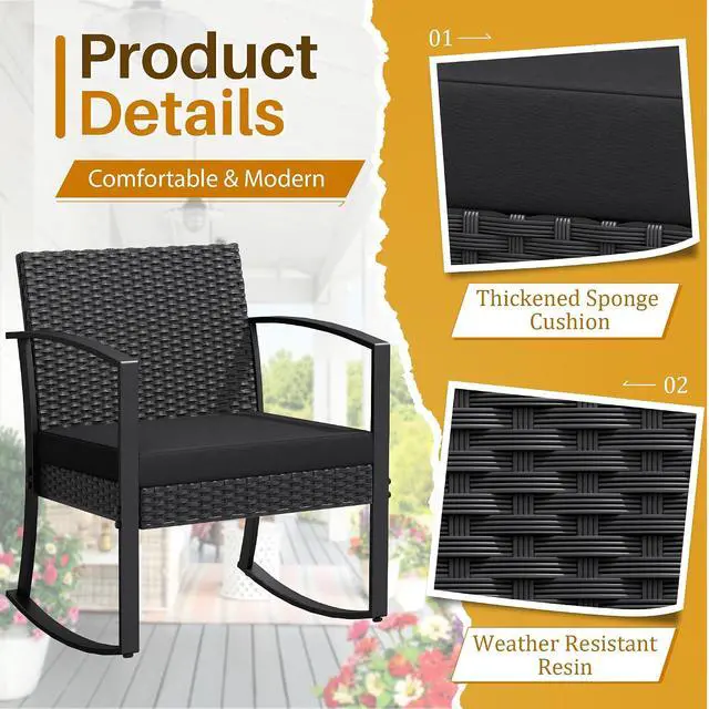 Alt view image 2 of 7 - 3 Piece Patio Rocking Chair Set Outdoor Patio Furniture Set with Coffee Table and Cushions for Balcony Porch Bistro (Black)