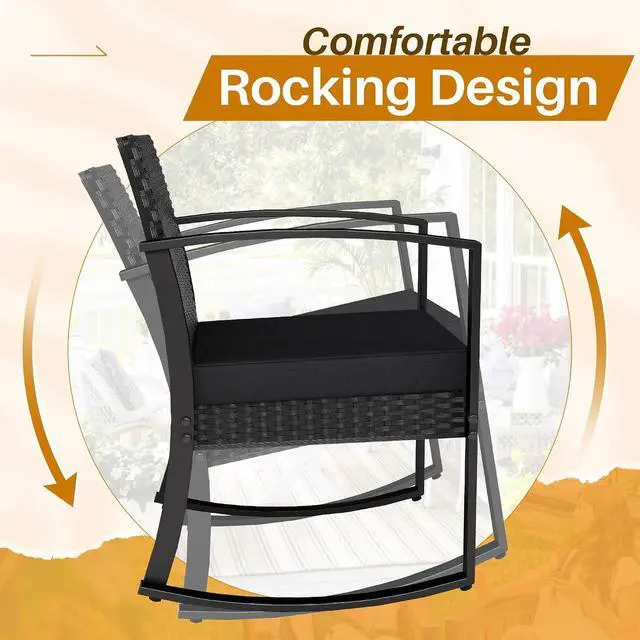 Alt view image 3 of 7 - 3 Piece Patio Rocking Chair Set Outdoor Patio Furniture Set with Coffee Table and Cushions for Balcony Porch Bistro (Black)