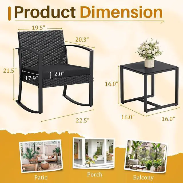 Alt view image 5 of 7 - 3 Piece Patio Rocking Chair Set Outdoor Patio Furniture Set with Coffee Table and Cushions for Balcony Porch Bistro (Black)