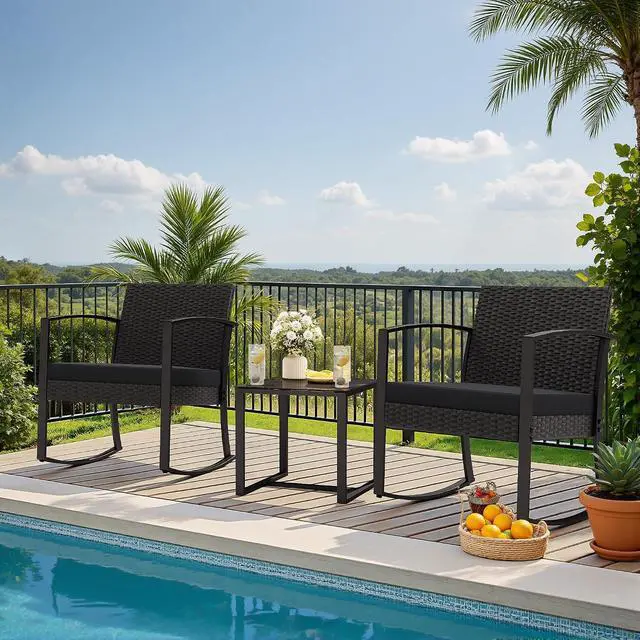 Alt view image 6 of 7 - 3 Piece Patio Rocking Chair Set Outdoor Patio Furniture Set with Coffee Table and Cushions for Balcony Porch Bistro (Black)