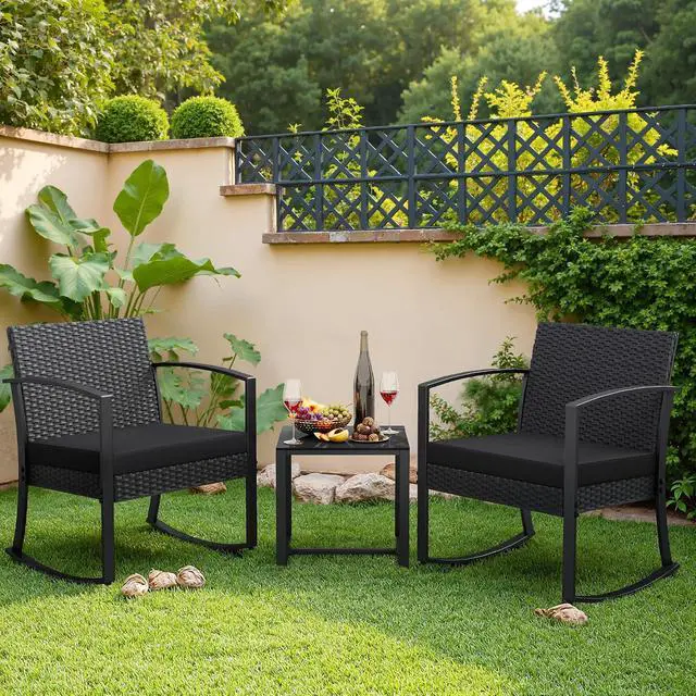 Alt view image 7 of 7 - 3 Piece Patio Rocking Chair Set Outdoor Patio Furniture Set with Coffee Table and Cushions for Balcony Porch Bistro (Black)