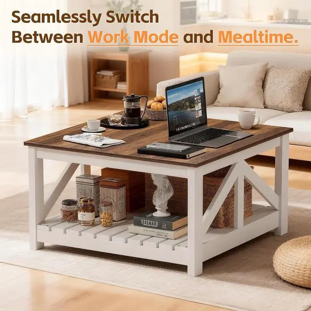Alt view image 4 of 6 - Square Coffee Table with Dual Storage Compartments, Modern Wood Cocktail Table for Living Room, Farmhouse Lounge & Office Reception (Brown & White)
