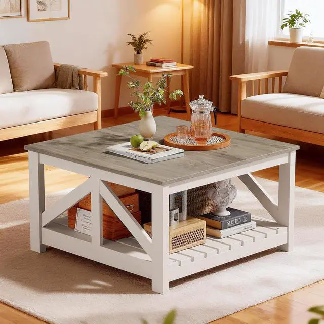 Main image of Square Coffee Table with Dual Storage Compartments, Modern Wood Cocktail Table for Living Room, Farmhouse Lounge & Office Reception (Gray & White)